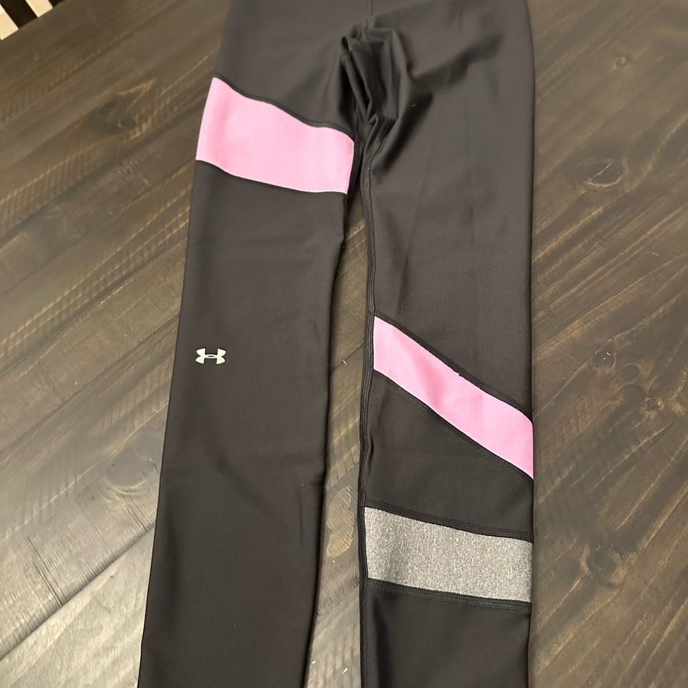 Under Armour Women's Black Leggings with Pink and Gray Stripes